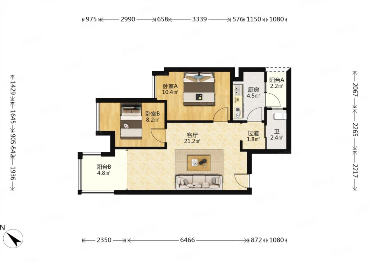 绿地国际花都三期2室2厅西北