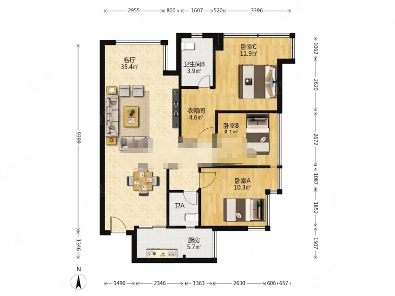 东原城3室2厅2卫97㎡南北70万