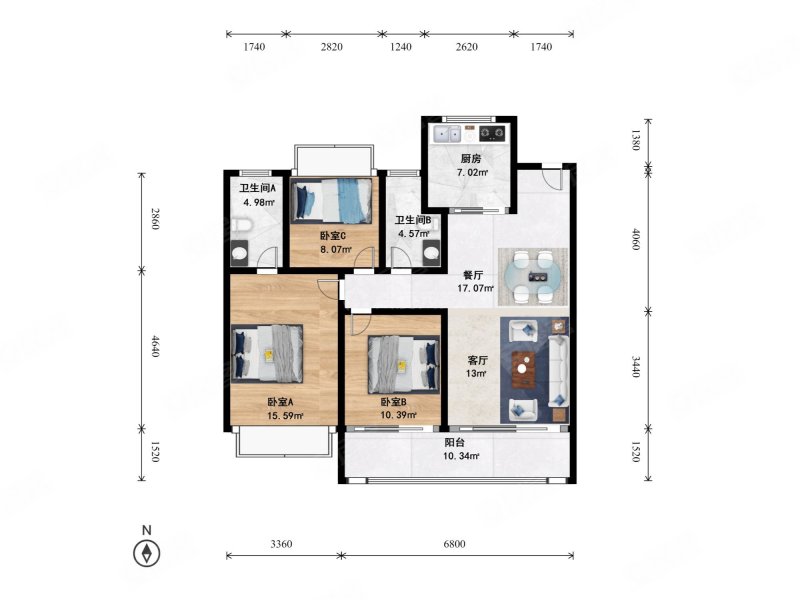 上和公元里3室2厅2卫105.37㎡南439万