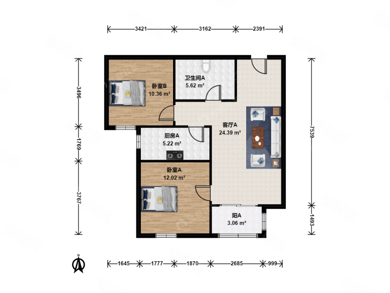 将府锦苑5号院2室1厅1卫75.64㎡南346万