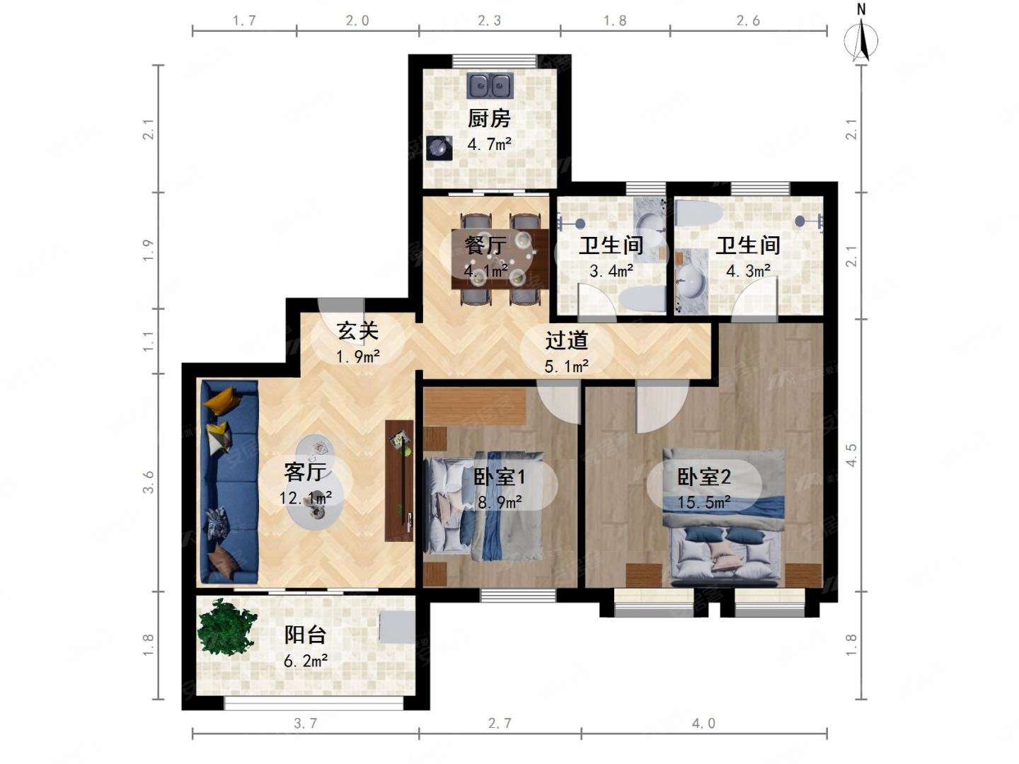仁恒东郊花园2室2厅1卫92.68㎡南北970万
