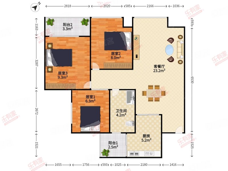 豪方天际3室2厅1卫75㎡南北620万