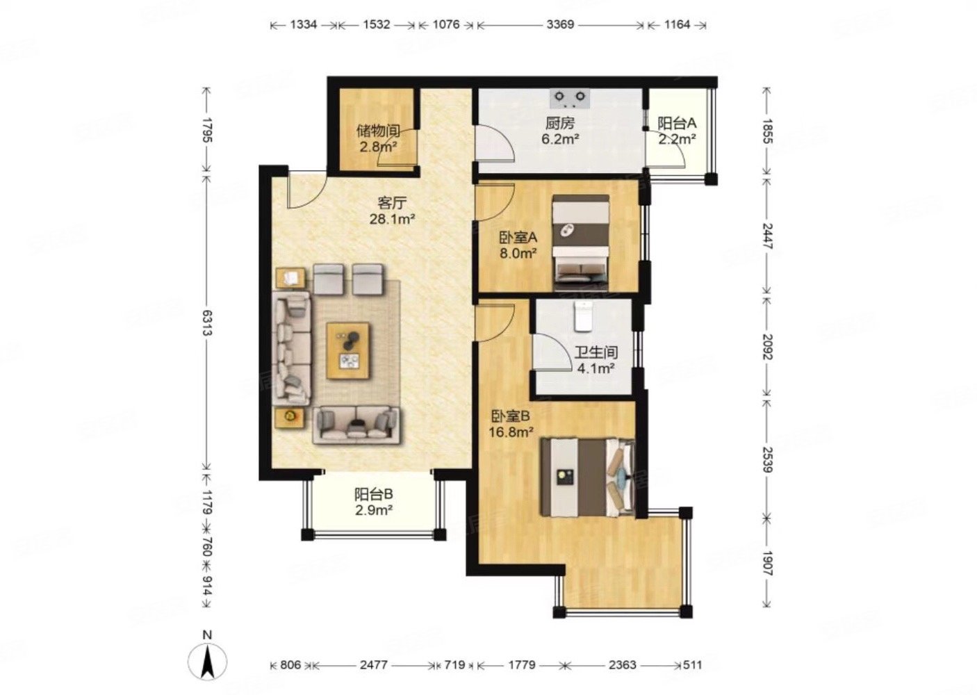 福城上上城五期2室2厅1卫91.45㎡东南133万