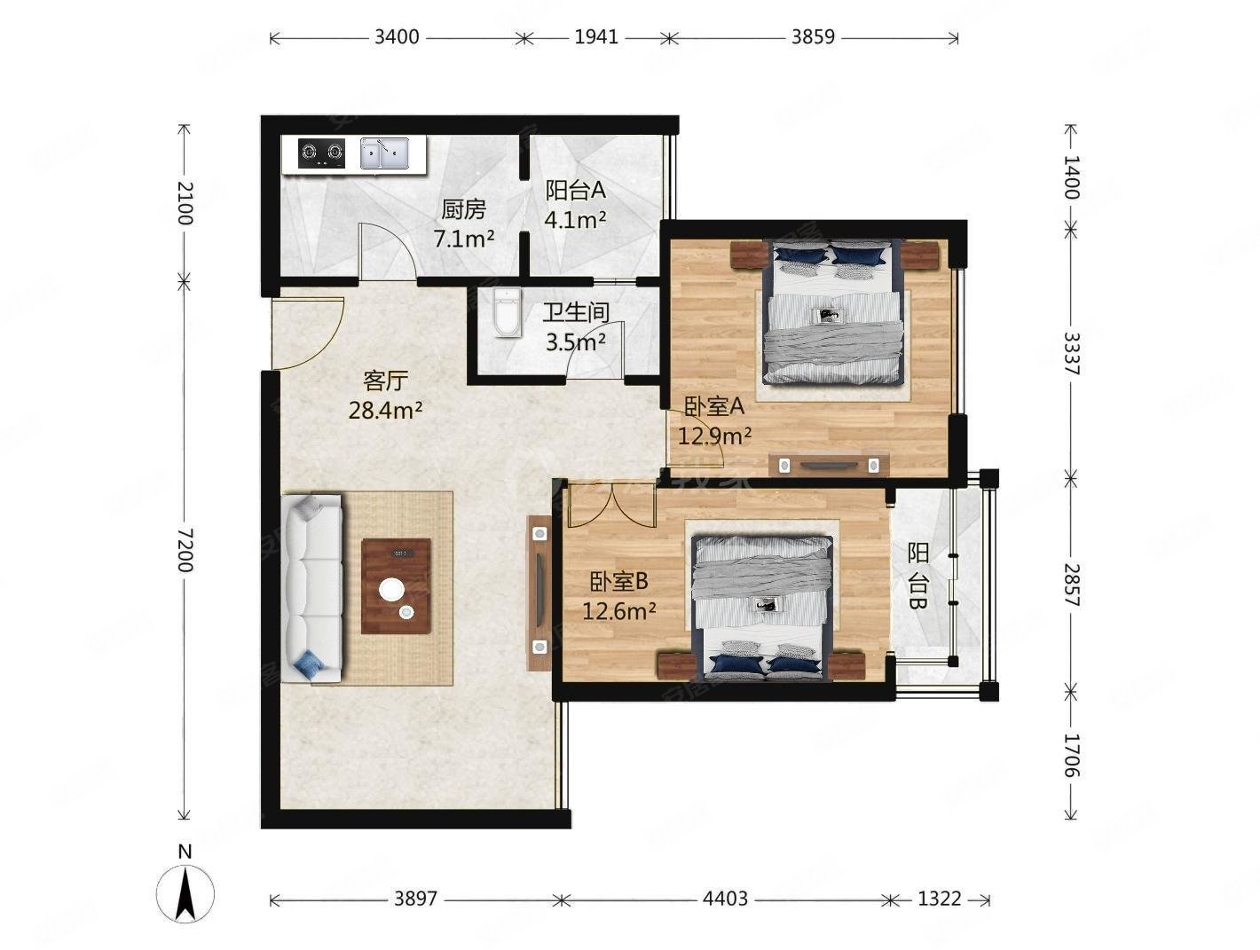 陶然北岸韵竹园2室1厅1卫92.97㎡东1380万