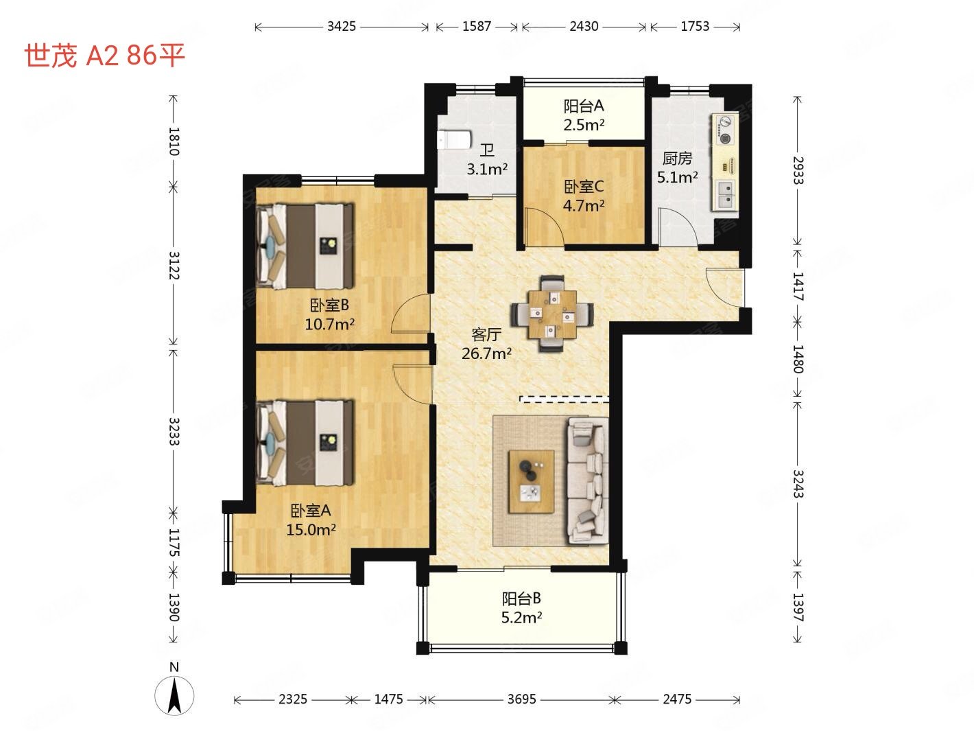 世茂海滨花园(西区)2室2厅1卫86㎡南北89万