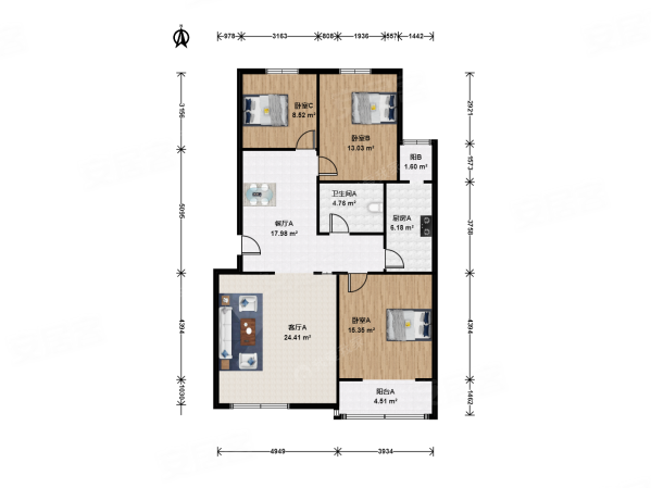 建西苑北里3室2厅1卫111.52㎡南北729万