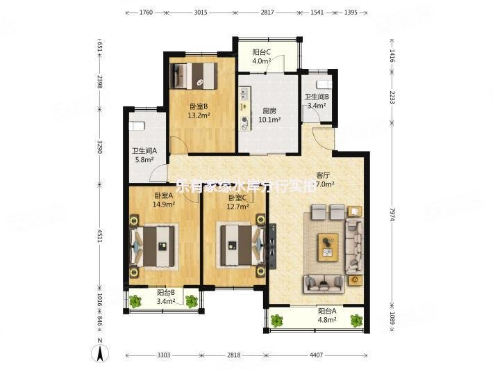 牧云左岸3室2厅2卫96.43㎡南125万