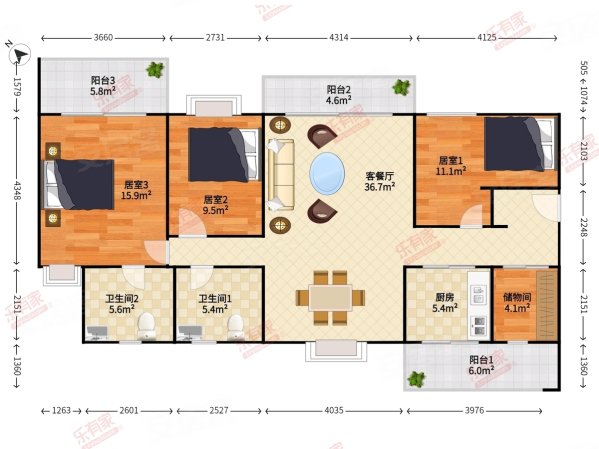 俊安苑4室2厅2卫128.22㎡东西1380万