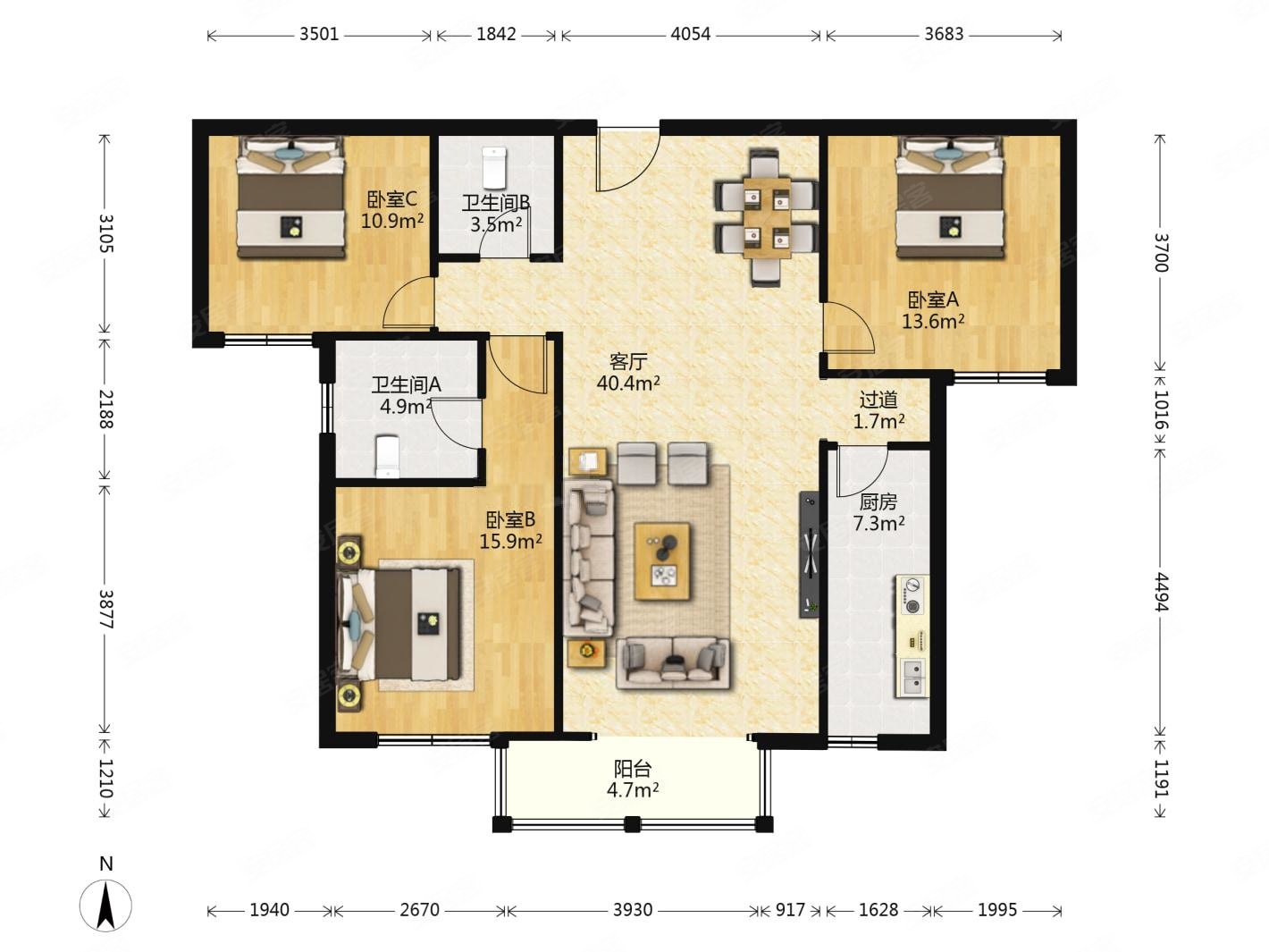 两卫三室,户型方正,大型社区小区环境好,总价低高品质,欧景园二手房