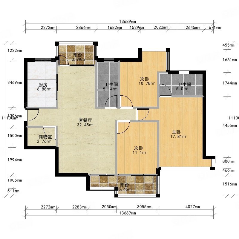 元一柏庄3室2厅2卫130.28㎡西南200万