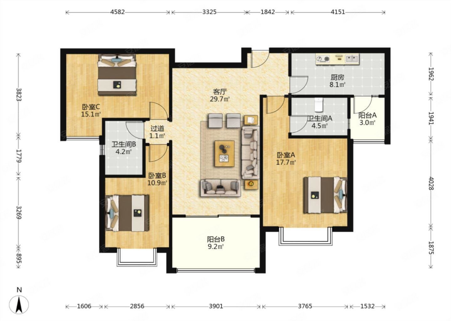 恒大翡翠华庭c区3室2厅2卫121㎡南460万