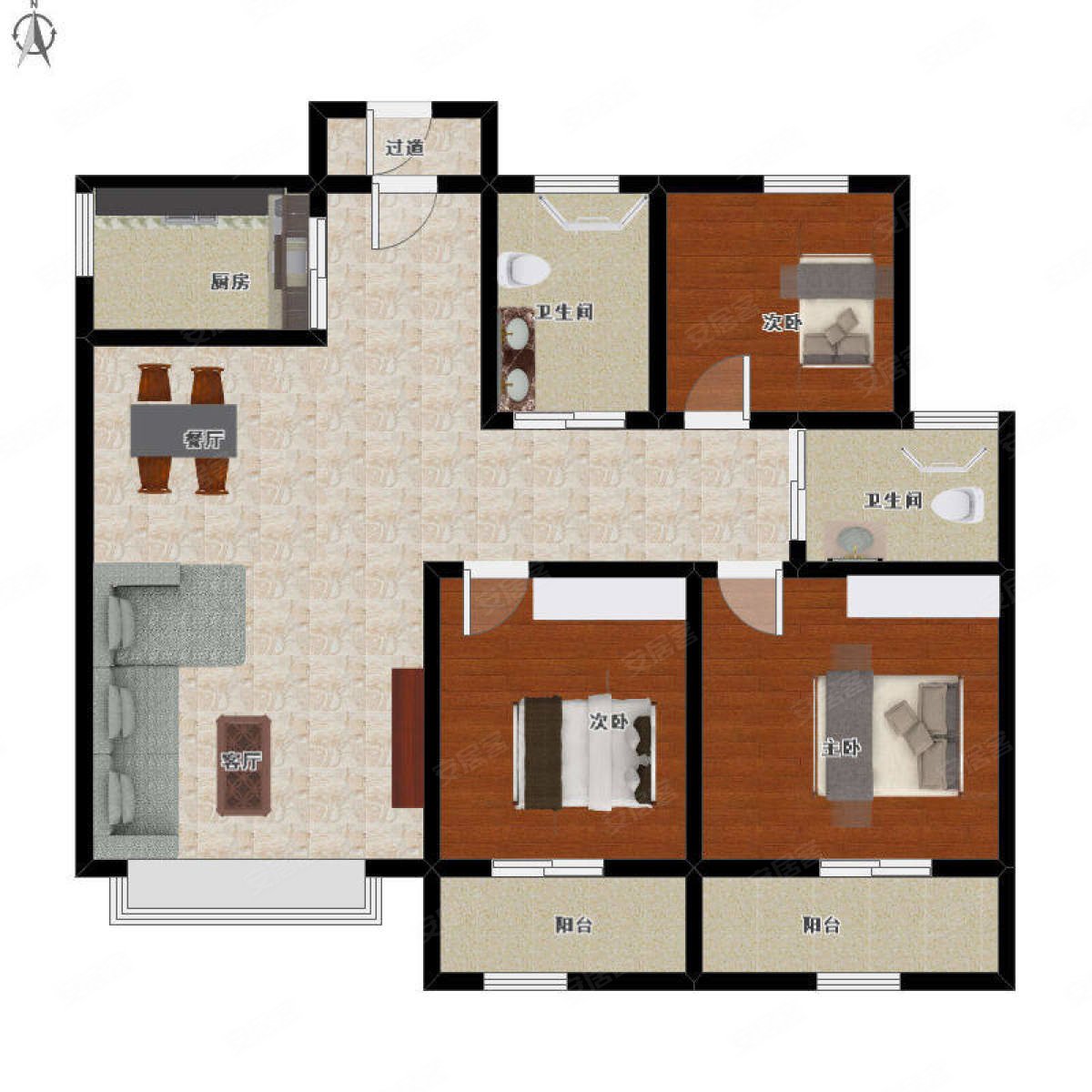 昆仑华府3室2厅2卫88.57㎡南289万