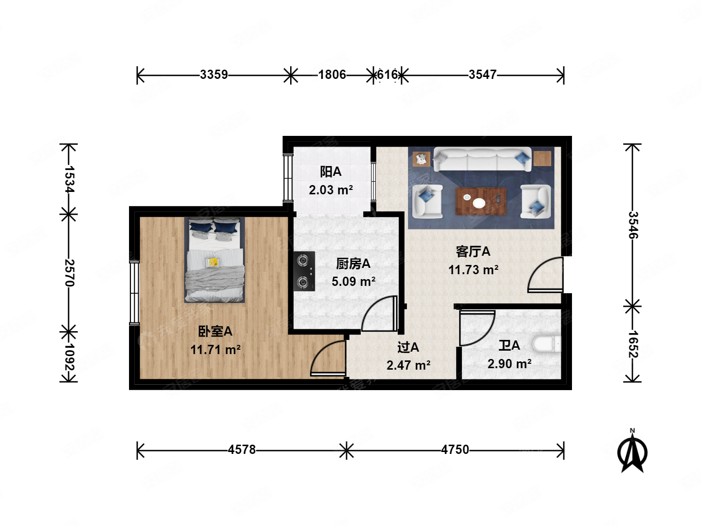 椿树园奥运社区1室1厅1卫47.95㎡西560万