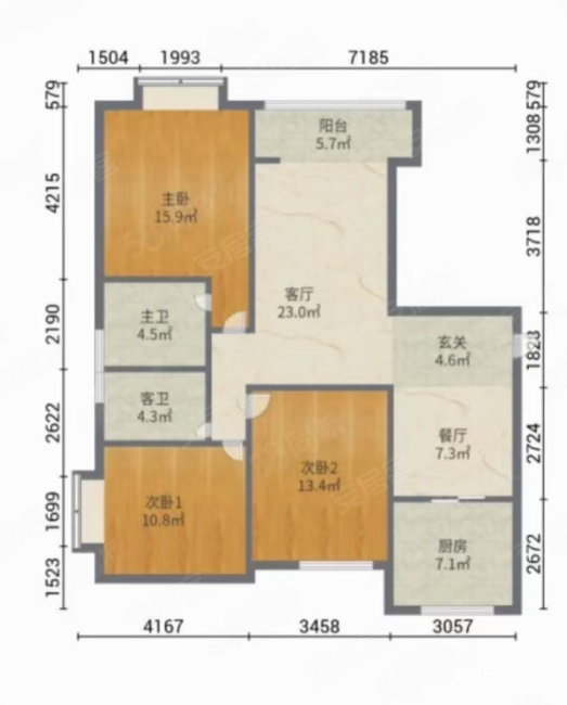 红星天铂3室2厅2卫125㎡南北88万