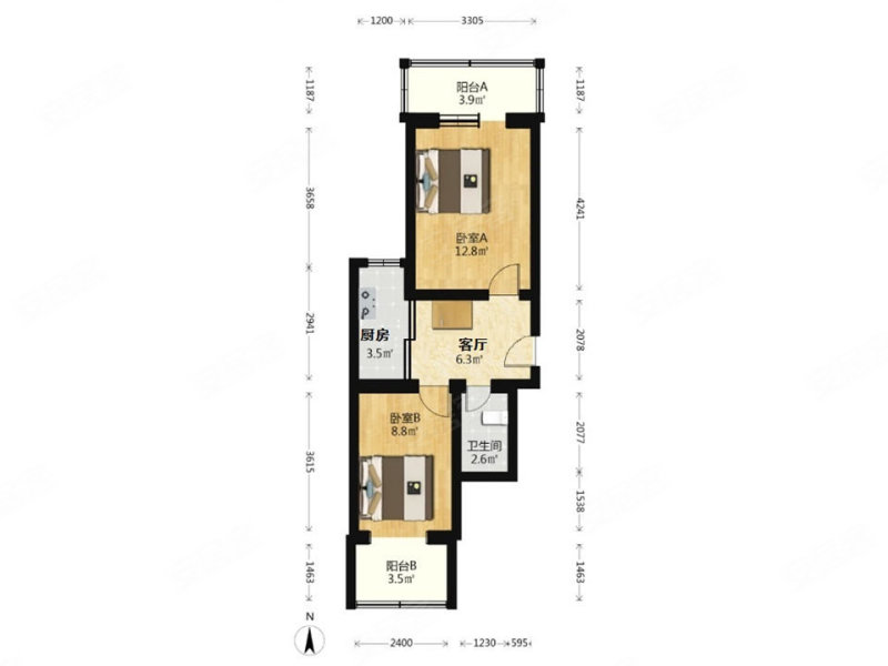 建材城东一里2室1厅1卫53.1㎡南北350万