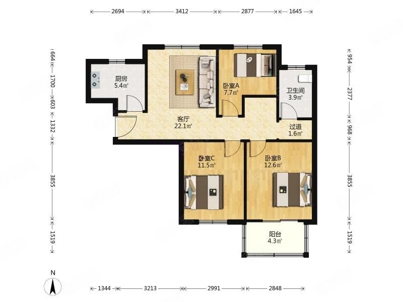 中怡家园3室2厅1卫101.69㎡南360万