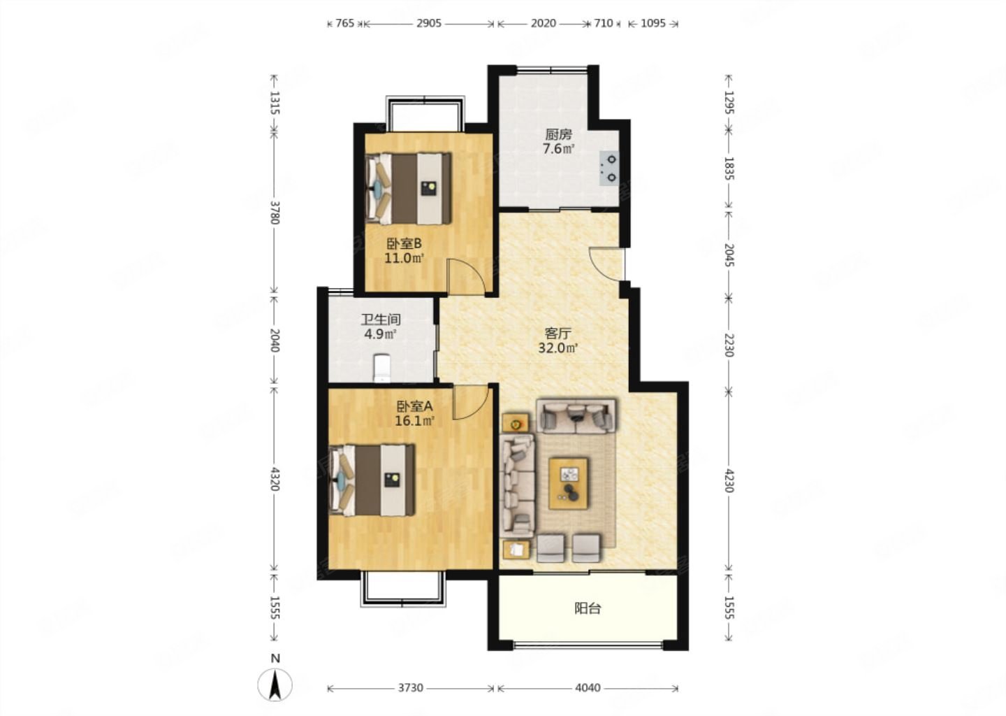 绿岛花园城市绿洲2室2厅1卫94.44㎡南北219万