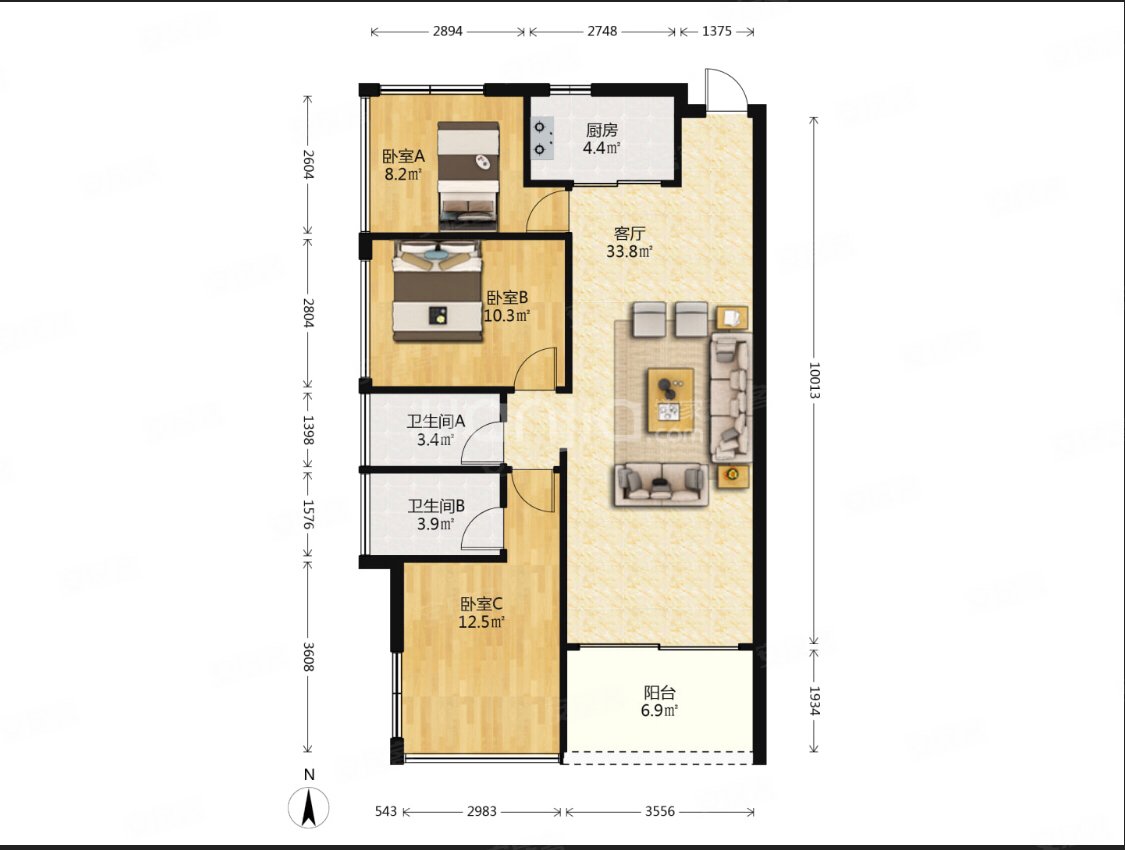 卓洲悦园爱群路7号2室1厅2卫9638平方米