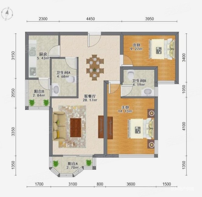 天山河畔花园~南北朝向~2居2卫~带有花园