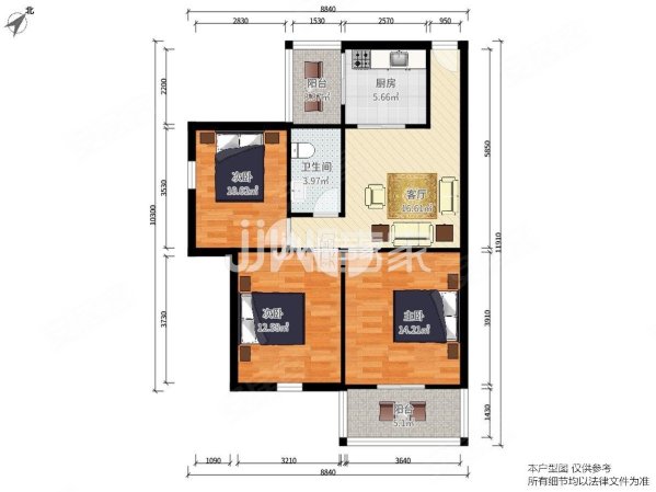 同心路52号院3室1厅1卫74.15㎡南北45万