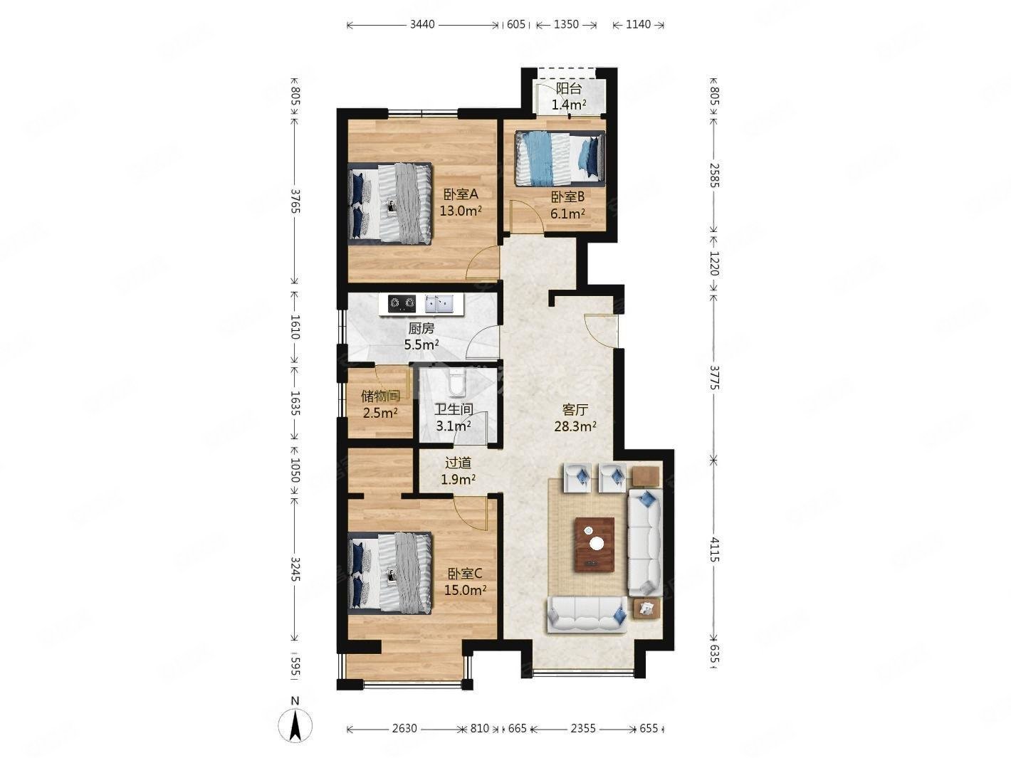 长阳万科新里程阜盛大街59号院3室1厅