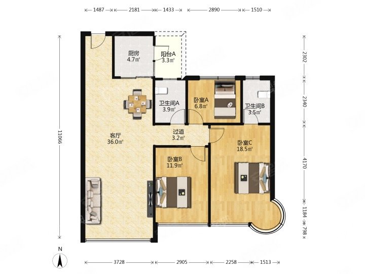 盈彩美地3室2厅2卫112.41㎡西南95万