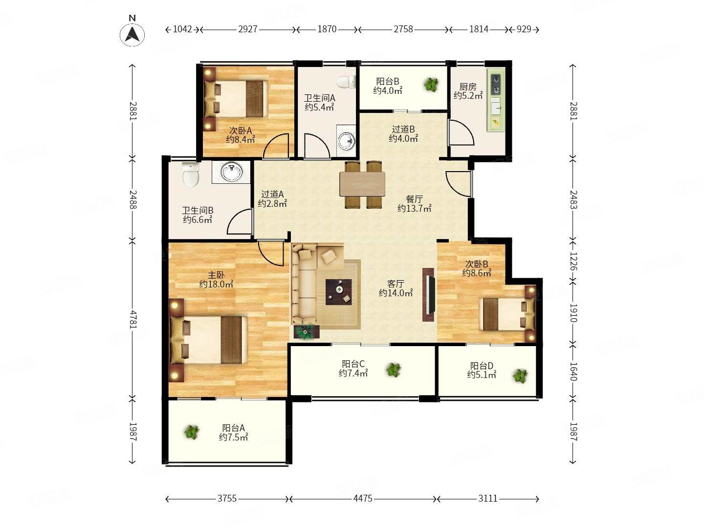 信达格兰上郡3室2厅2卫104.34㎡南北255万