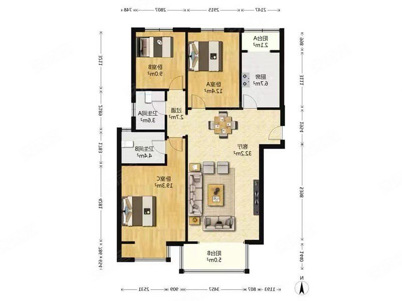 燕京航城3室2厅1卫133.89㎡南北198万