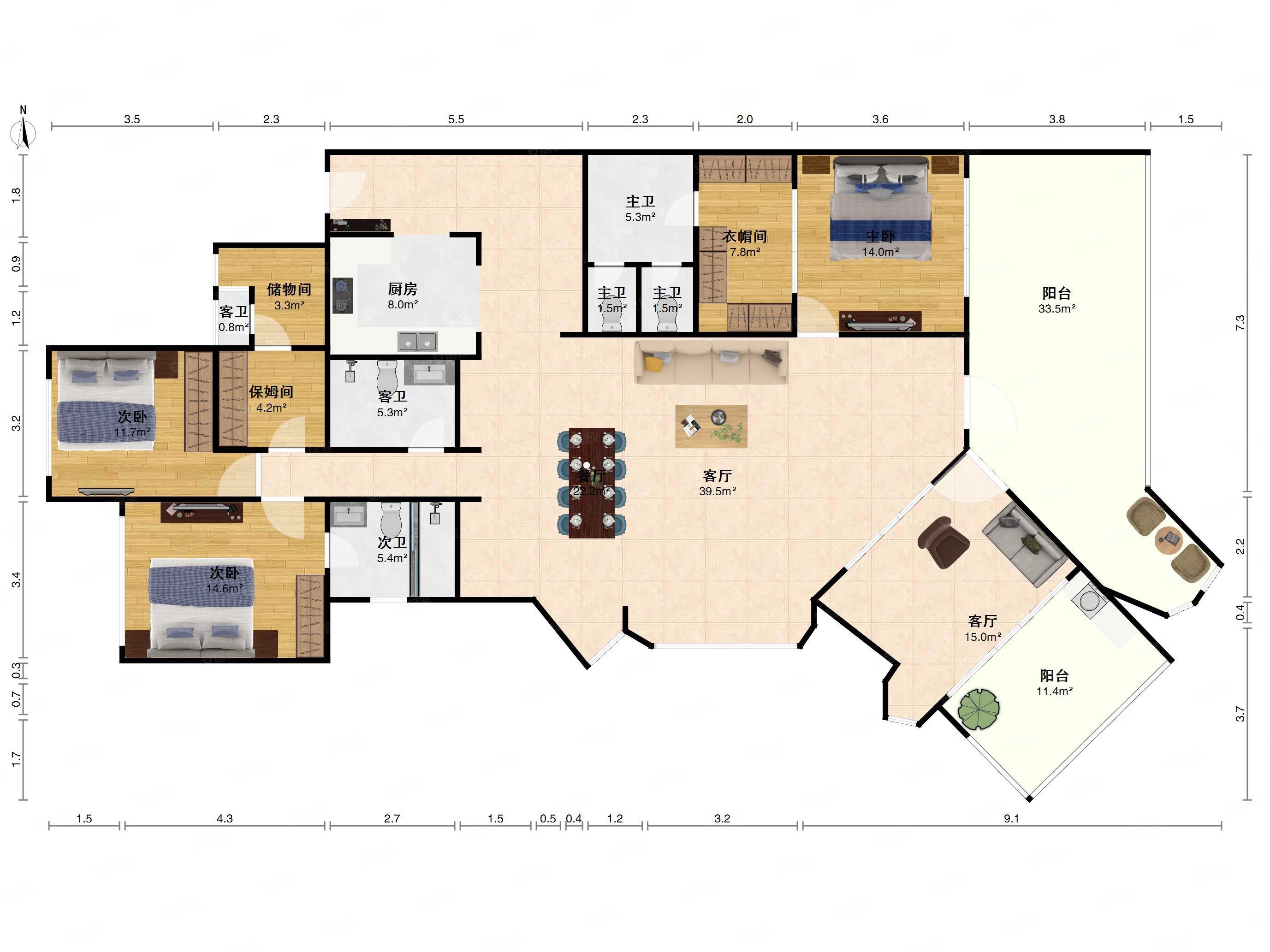 鼎邦丽池3室2厅3卫220㎡南北2500万