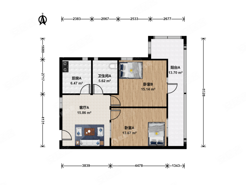 观云里2室1厅1卫77.87㎡东北298万