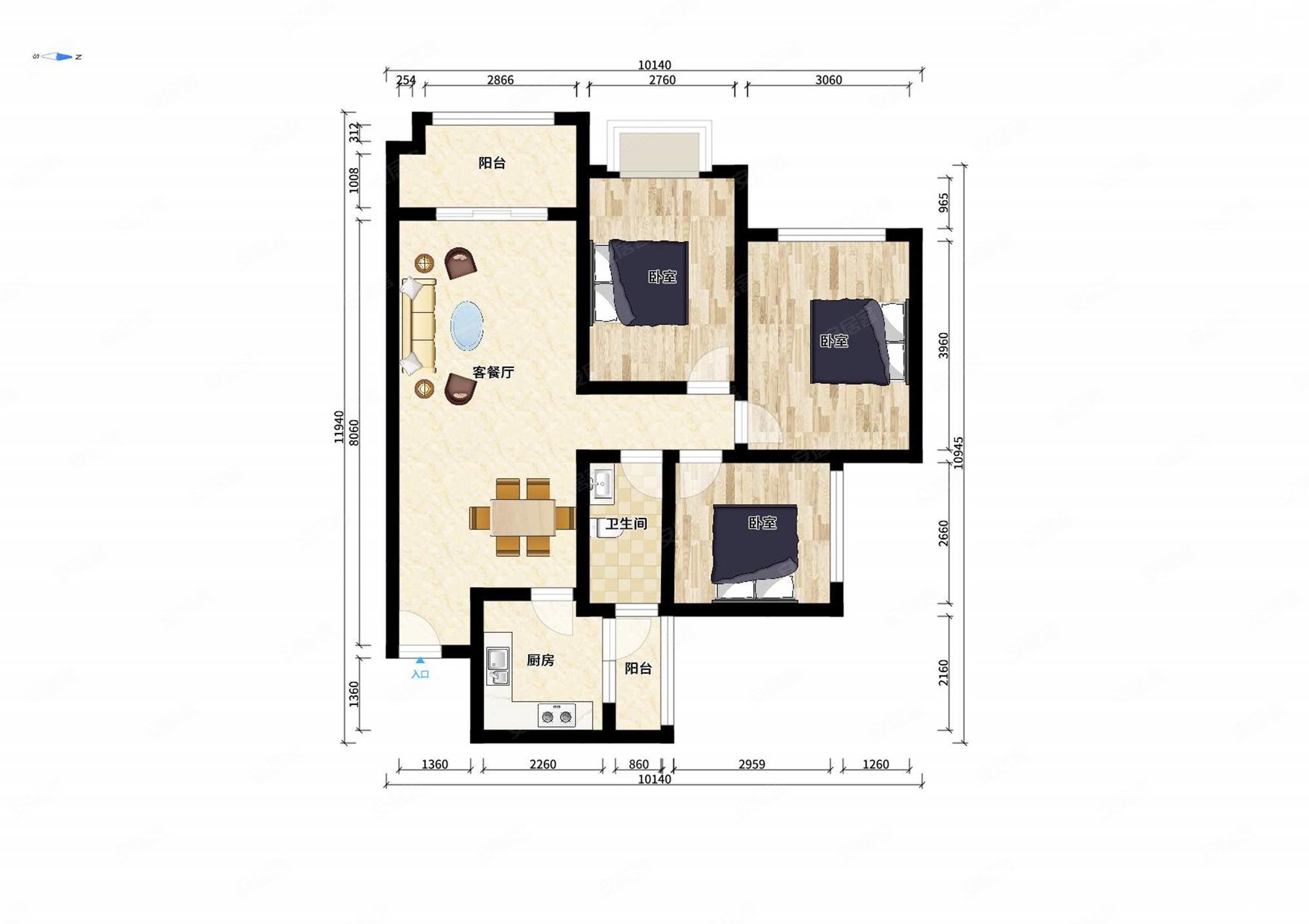 香楠国际3室2厅1卫92.76㎡南158万