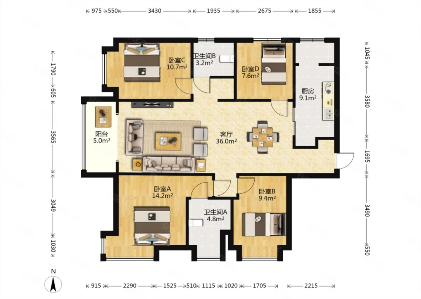 户型 新家一天未住,兰亭熙园二手房,118万,4室2厅,2卫,137平米-太原