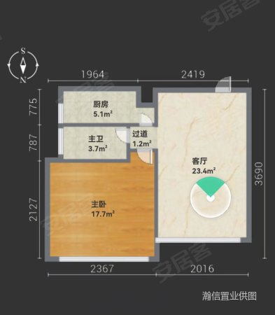 MBA国际公寓1室2厅1卫74.01㎡南北310万