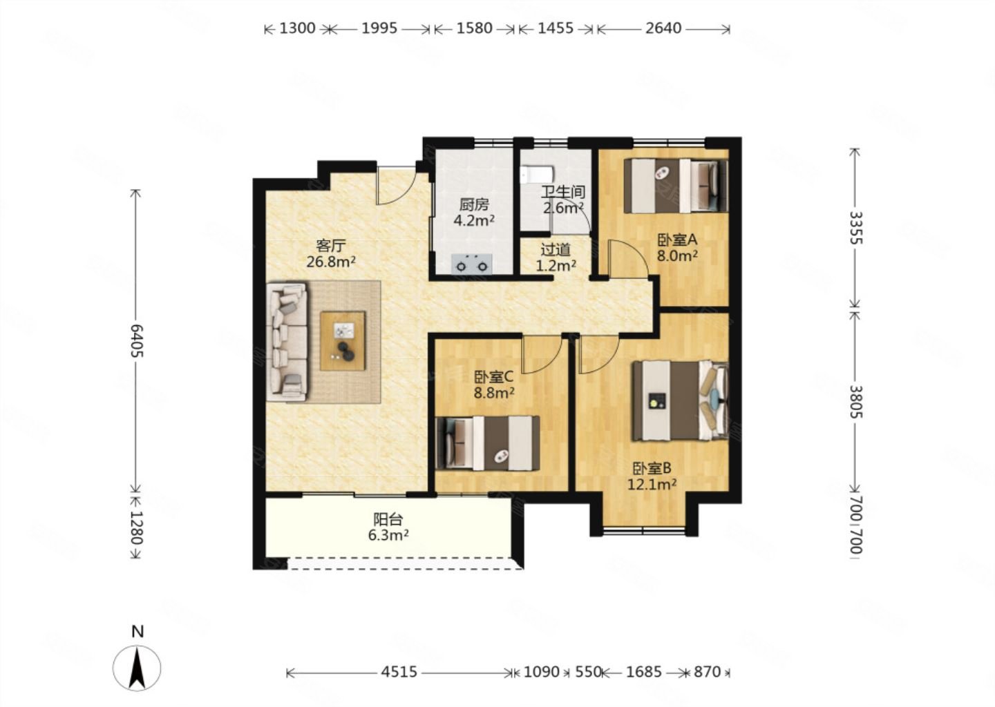 新力城3室2厅1卫93.66㎡南120万