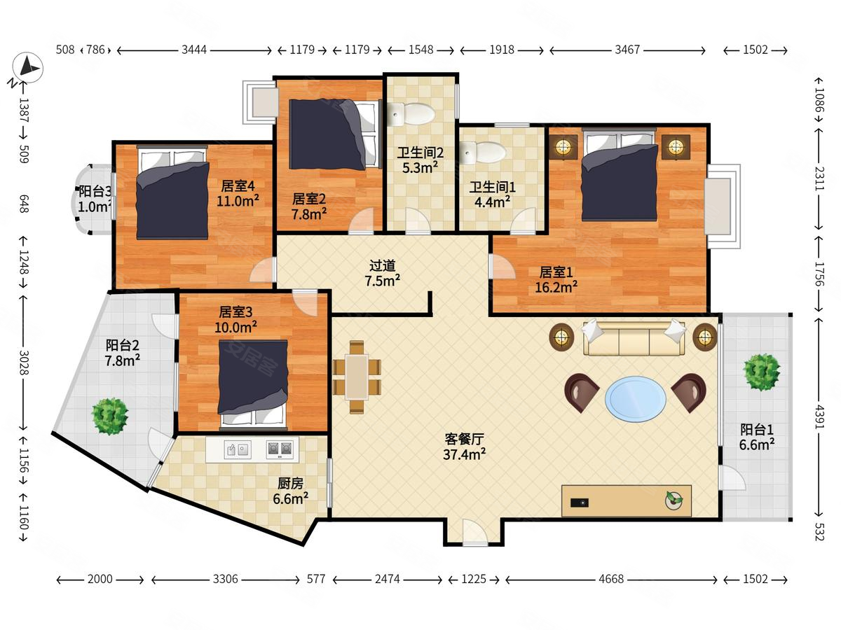 万科温馨家园4室2厅2卫138.56㎡南北1350万