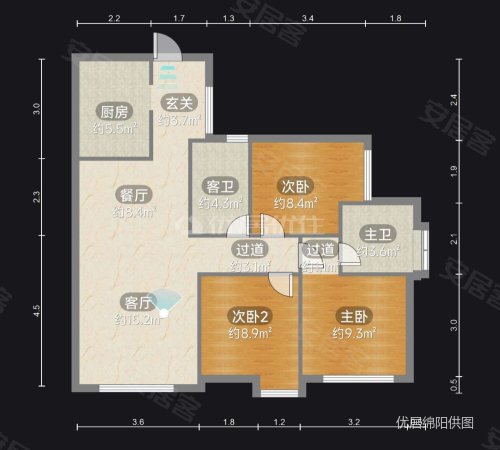 富临东方广场3室2厅2卫95.73㎡南北88.8万