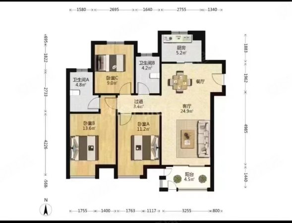 品源玺悦珑庭3室1厅1卫95.24㎡南北160万