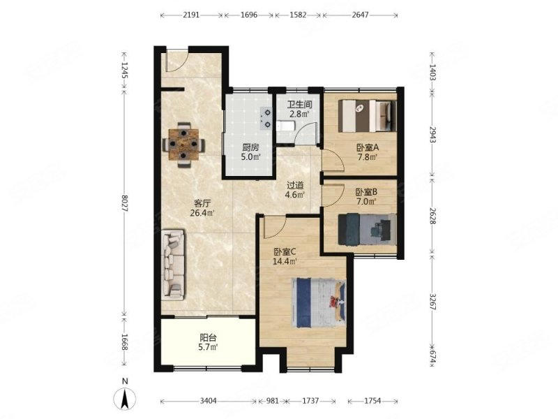 弘阳上院3室2厅1卫76㎡南223万