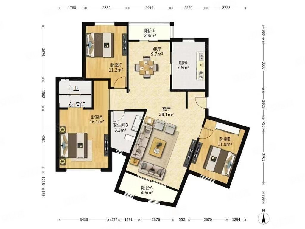 城市经典高迪3室2厅2卫144.07㎡南1050万