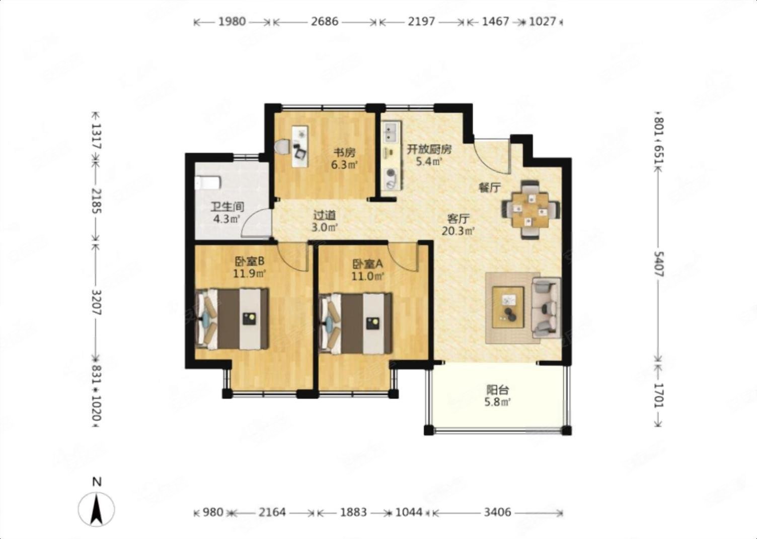 通安户型南北精装修急售!,正荣悦岚山二手房,141万,3室2厅,1卫,81.