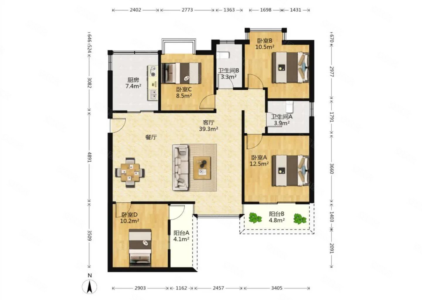 聚镇115平精装修四房两厅两卫业主诚意出售185万