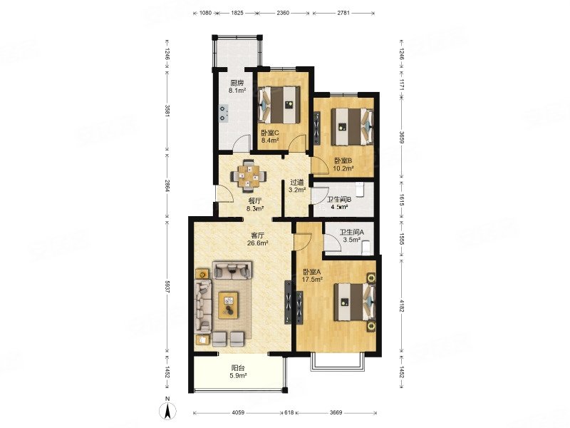 双阳南区3室2厅1卫132.25㎡南北260万