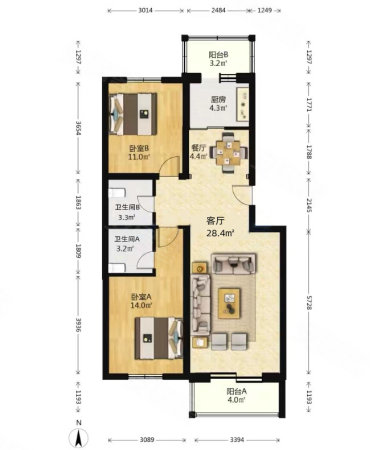 善缘家园(南区)2室2厅2卫111㎡南北320万