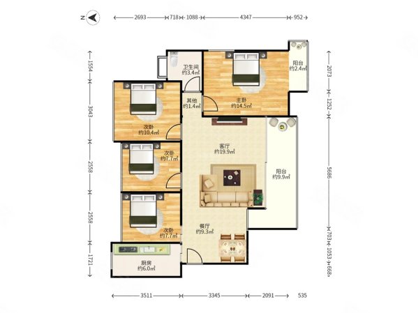 慢城(一二三期)4室2厅2卫87.9㎡南北388万