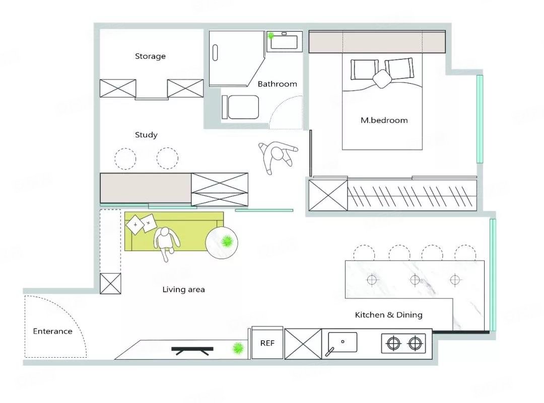 56平的二居室,把餐厨结合,次卧还藏起来