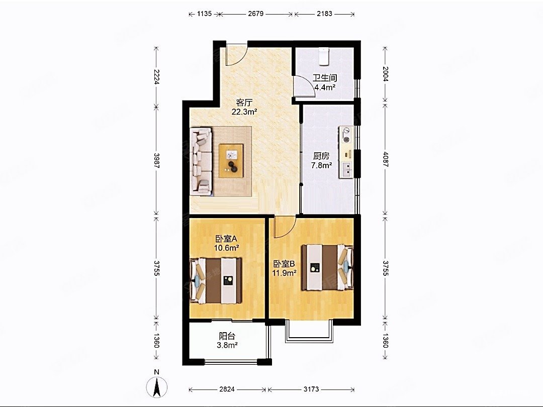 全天采光,户型正两卧朝南,安粮双景佳苑二手房,88万,2室1厅,1卫,74