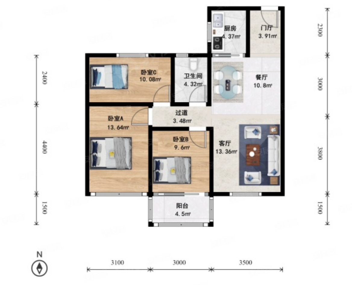 赞成杭家3室2厅1卫85.19㎡南185万