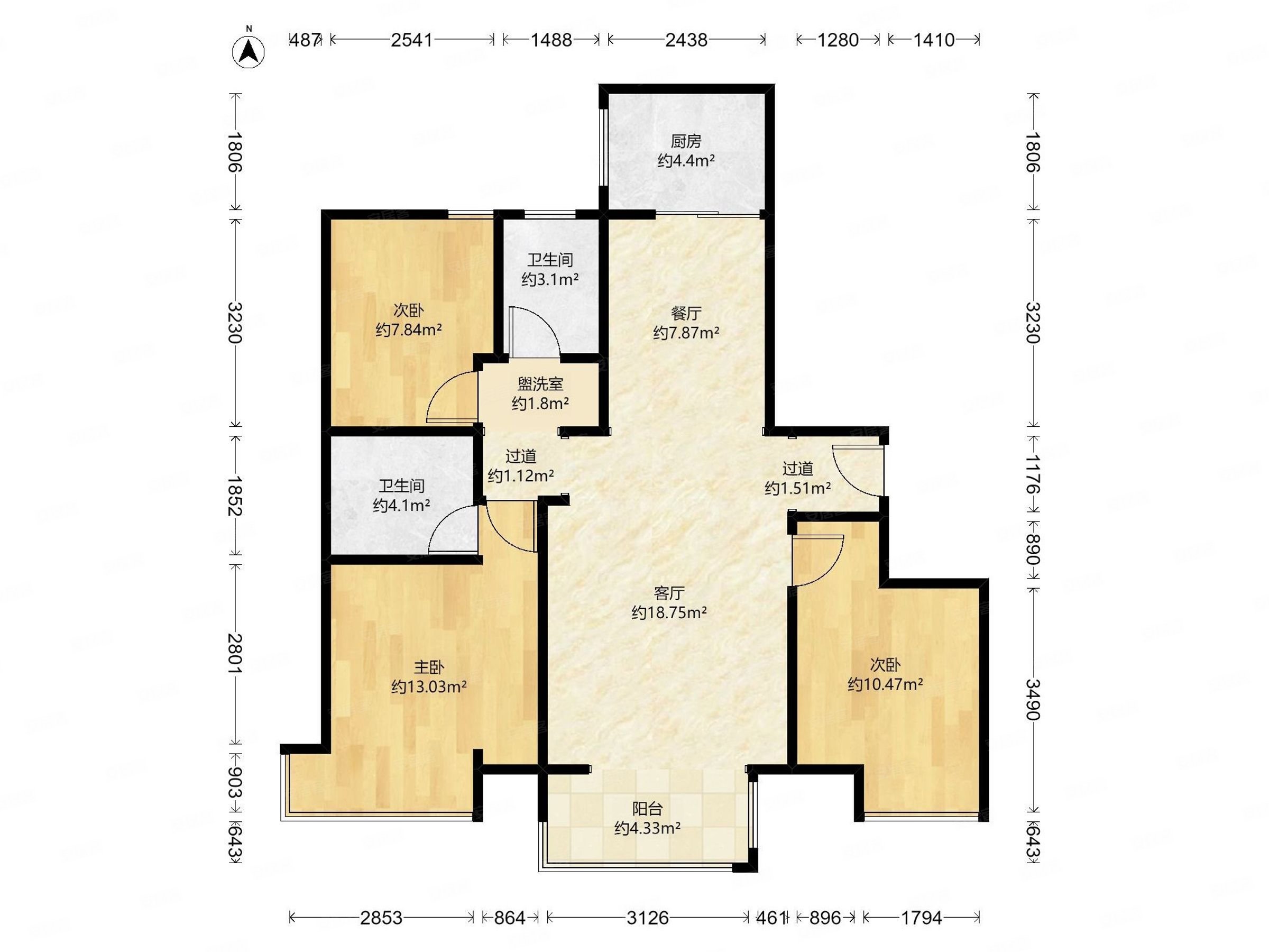 万达住宅a区3室2厅2卫122.07㎡南北219万