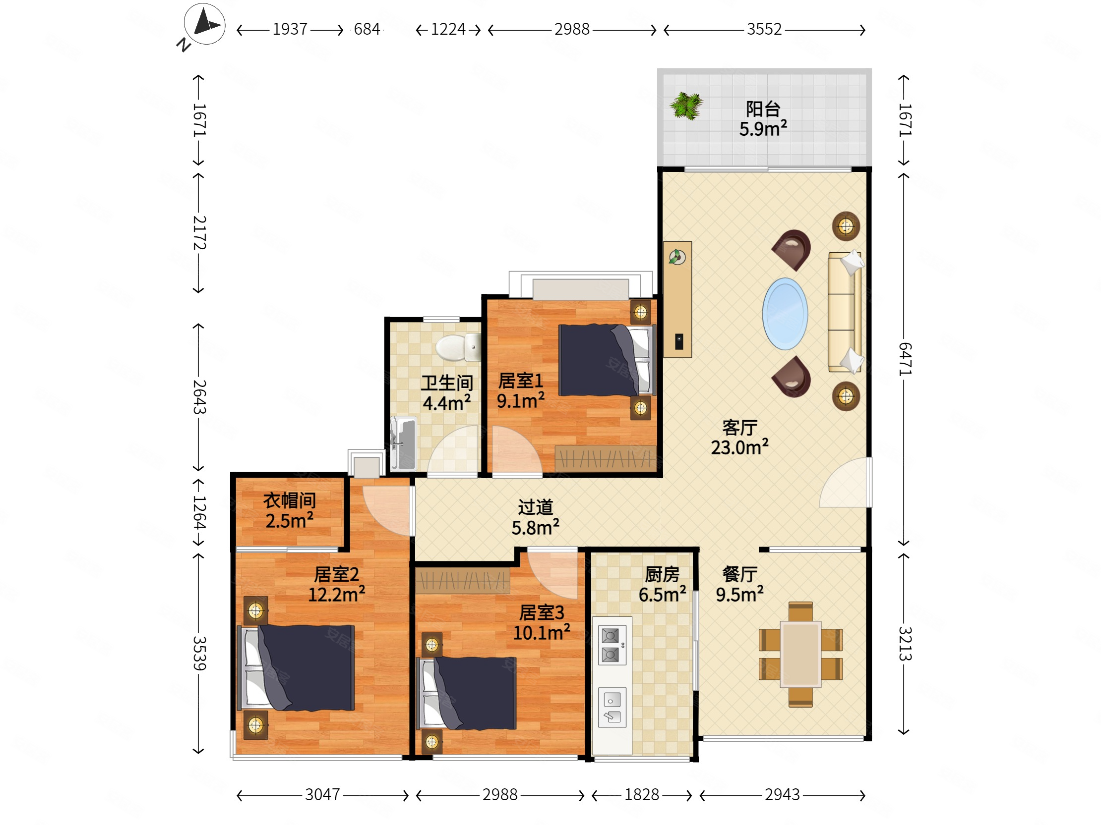 水木澜山居3房南北通固定车位