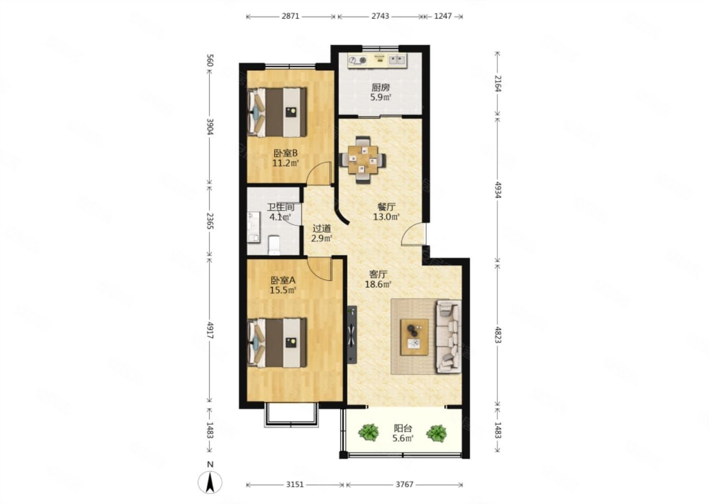 燕都金地城2室2厅1卫94.96㎡南北117万